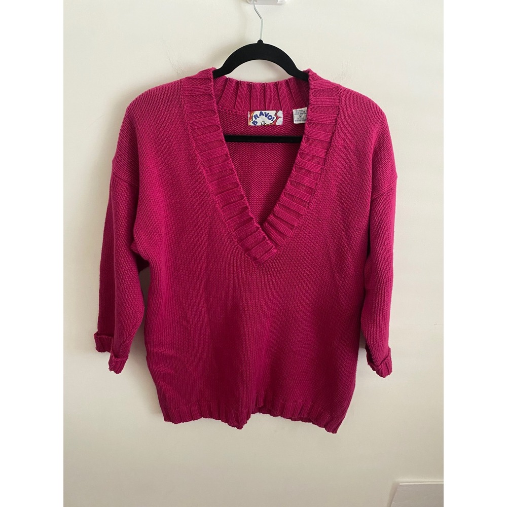 Vintage Bravo Fuchsia Pink V-Neck Sweater Womens Medium Ramie Cotton Chunky Knit